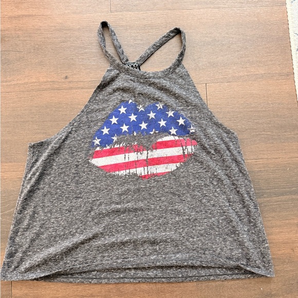 Modern Lux Tops - Modern Lux Gray Racerback Tank with American Flag Lip Graphic